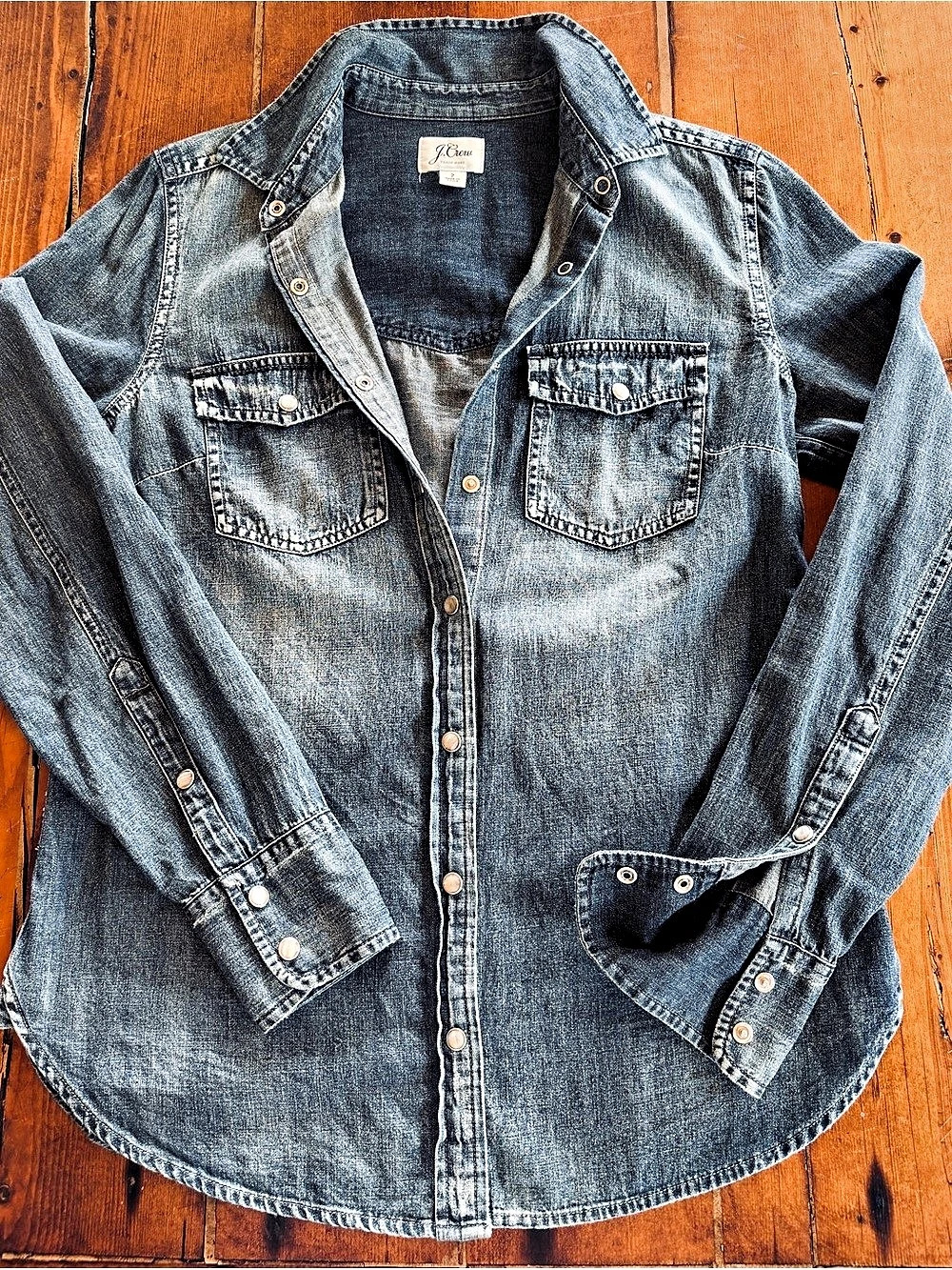 J.Crew Distressed Chambray Denim Western Shirt Snap-Front Shirt in Size 2 / Smal